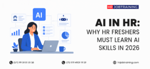 AI in HR training banner featuring a professional HR executive using a laptop with AI, chatbot, analytics, and automation icons alongside the headline “AI in HR: Why HR Freshers Must Learn AI Skills in 2026.”