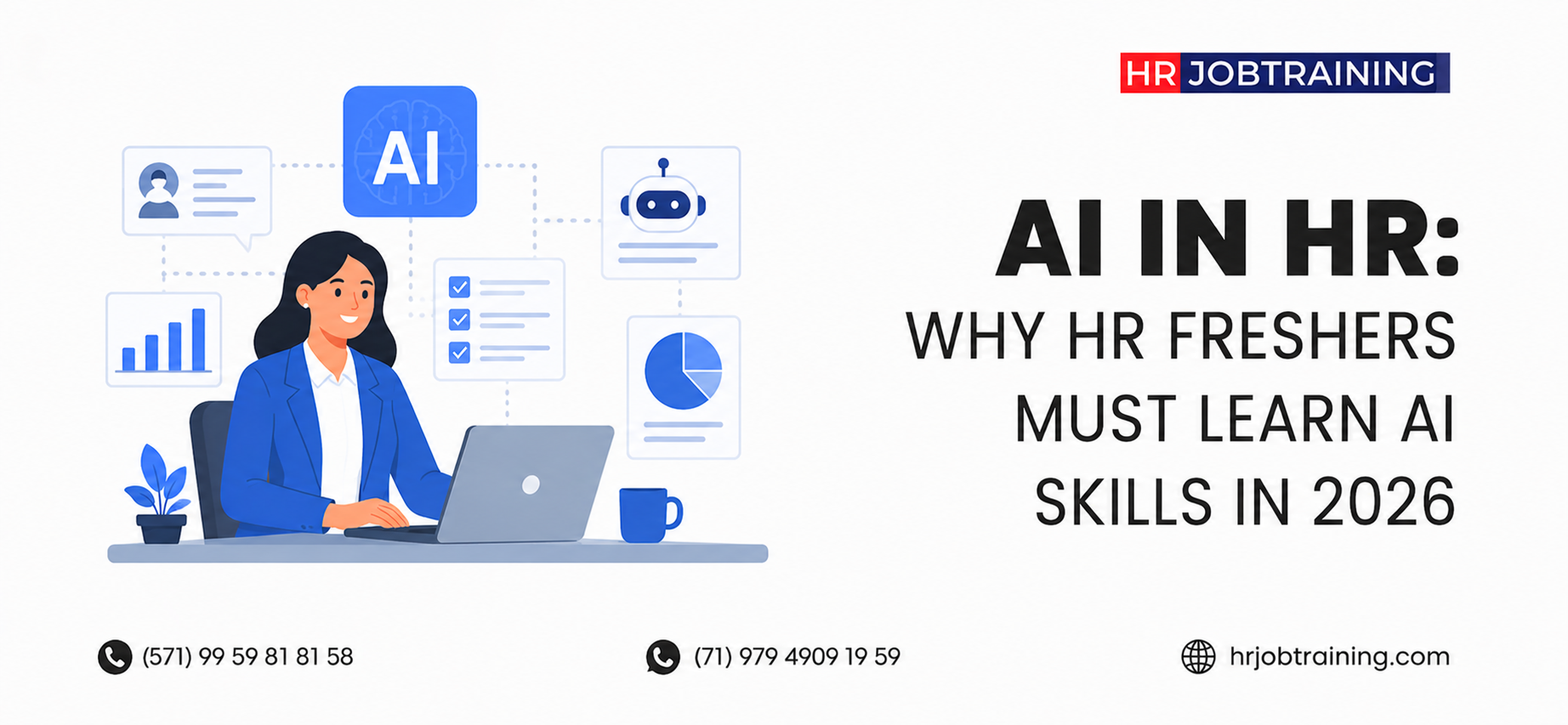 AI in HR training banner featuring a professional HR executive using a laptop with AI, chatbot, analytics, and automation icons alongside the headline “AI in HR: Why HR Freshers Must Learn AI Skills in 2026.”