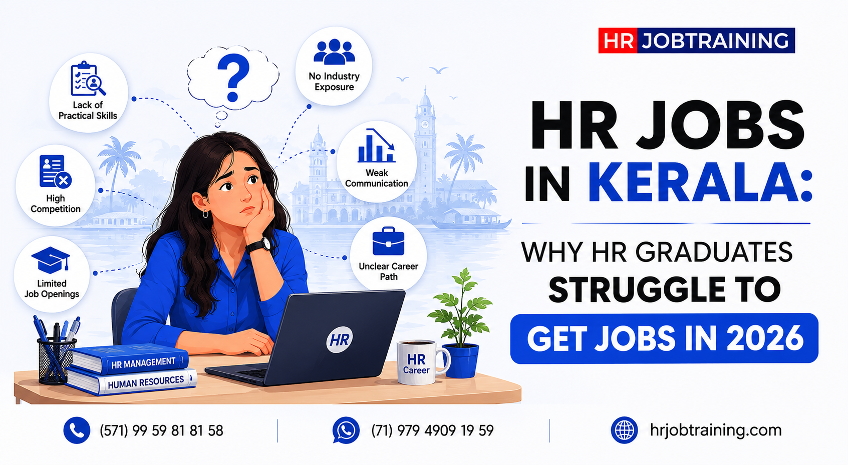 HR jobs in Kerala cover image showing a worried HR graduate struggling to find jobs in 2026 with icons representing lack of practical skills, limited job openings, poor resume, and high competition